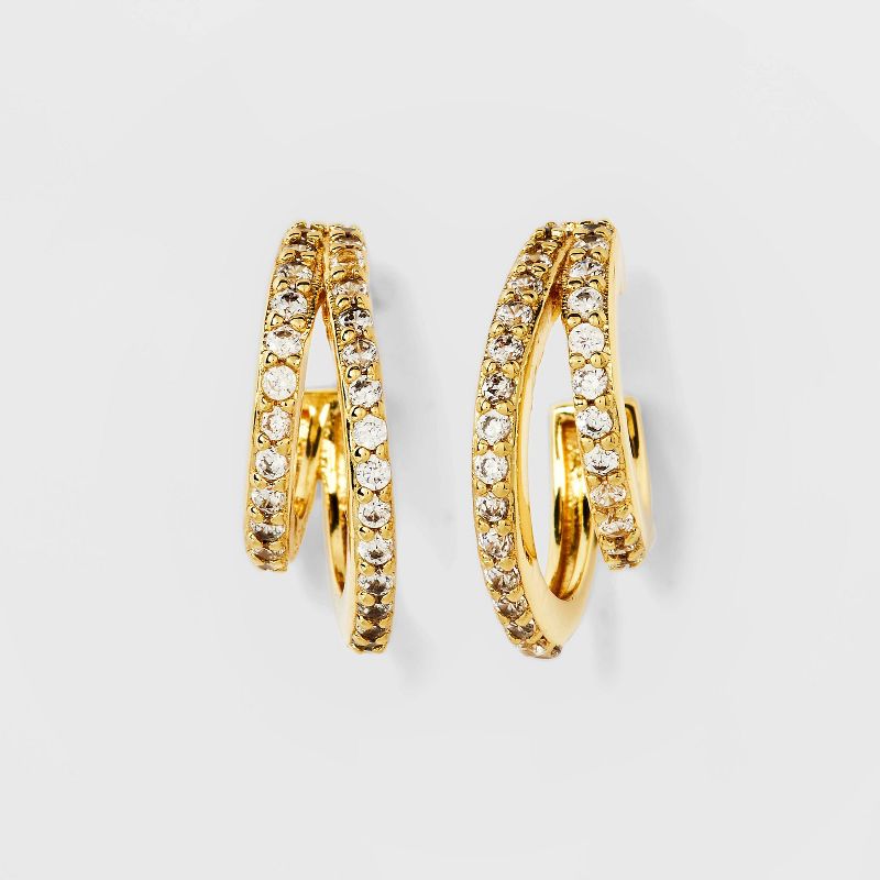 14k Gold Plated Cubic Zirconia Faux Duo Pave Hoop Earrings - A New Day&#8482; Gold, 1 of 6