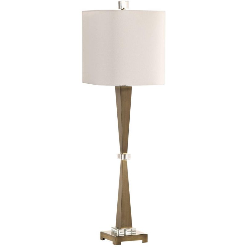 Uttermost Glam Art Deco Buffet Table Lamp 36 1/2" Tall Plated Antique Brushed Brass White Linen Shade for Living Room House Home, 1 of 4