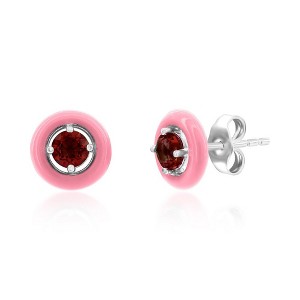 Simona Sterling Silver Enamel & Gemstone Halo Studs  - Garnet - Available Colors: Red, - 1 of 2