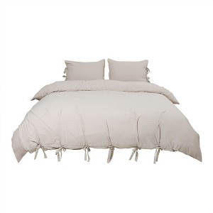 PiccoCasa Washed Cotton Solid with Bowknot Closure Duvet Cover Sets with 2 Pillow cases Queen Tan 3 Pcs - 1 of 4
