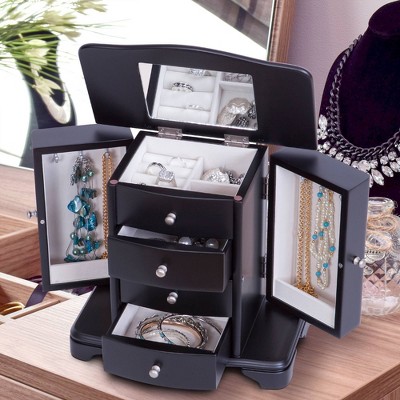 Black Wooden Jewelry Box with Suede Lining and Silver Pulls