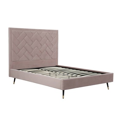 Blush Velvet Upholstered Queen Bed with Chevron Headboard