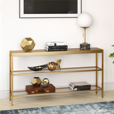 55-Inch Brass Metal and Glass Console Table with Storage