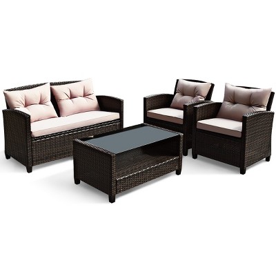 Tangkula Outdoor Rattan Conversation Set 4 Pieces Patio wicker Chairs
