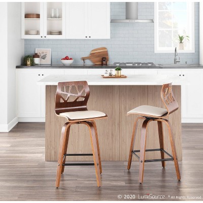 Mid-Century Modern Cream Leather Walnut Swivel Counter Stool - Set of 2