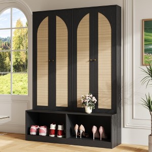 Whisen Farmhouse Widen Hall Tree with 4 Rattan Doors, 4-In-1 Seating Bench with 6 Hooks & Adjustable Shelf - 1 of 4