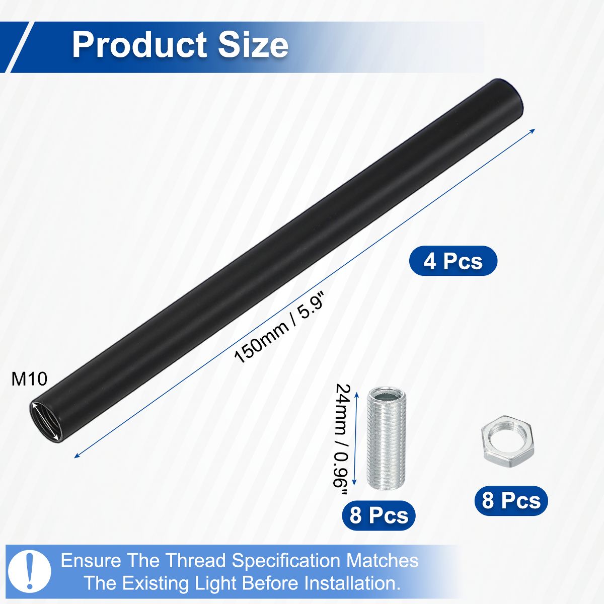 Unique Bargains Indoor Electroplated Iron Threaded Extension Rod Lighting Fixture Downrods Black M10 x 5.9" 4 Sets - thumbnail 2