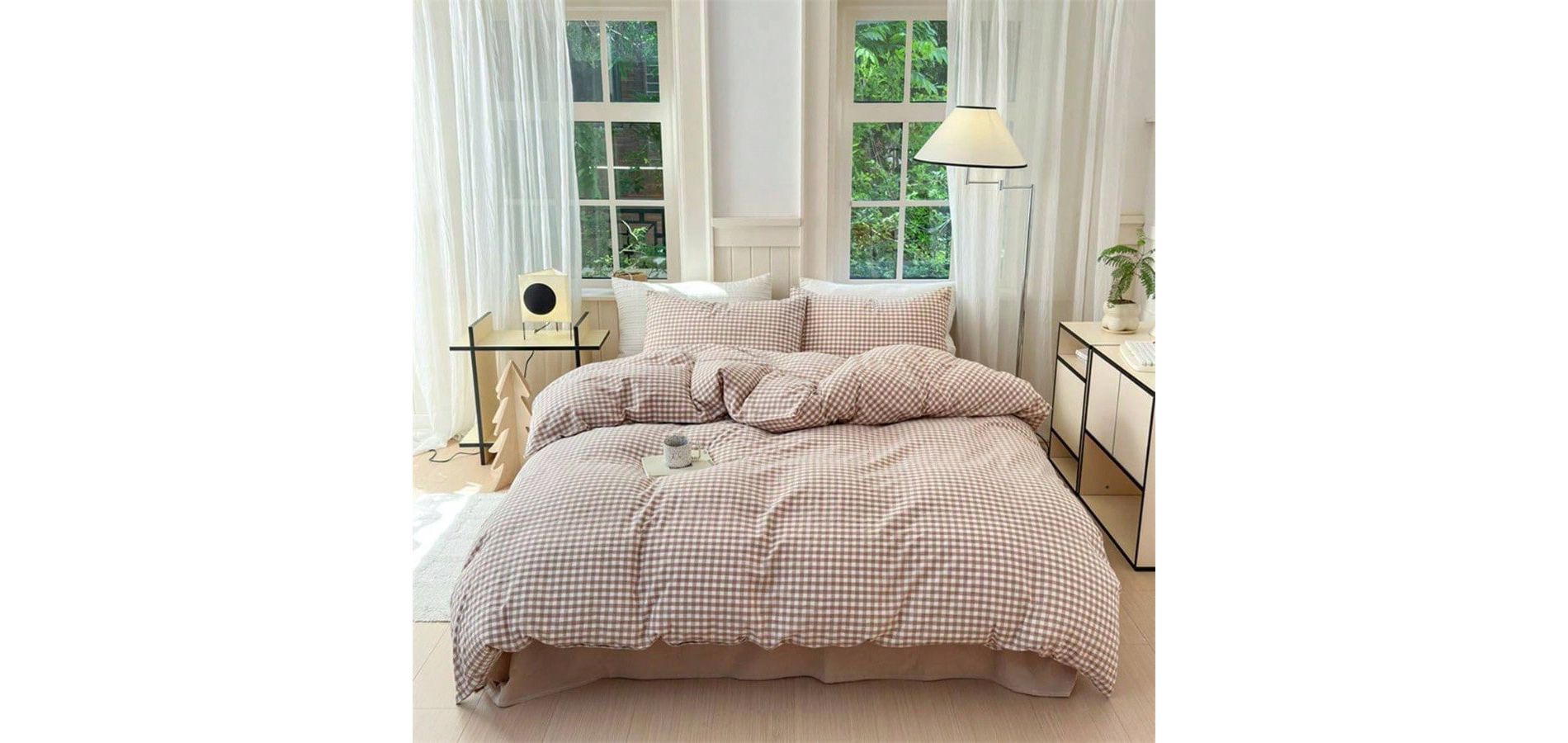 Tan Gingham Duvet Cover King, 100 Washed Cotton Beige Checked Set with Zipper, Durable Breathable