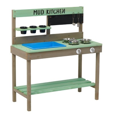INFURNIC Play Food and Toy Kitchens Kids Wooden Mud Kitchen Outdoor Playset with Water Play and Cooking Toys, Green, 31.5"*14.37"*34.65"