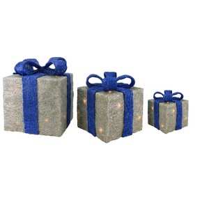 Northlight Lighted Gift Boxes Outdoor Christmas Decorations - 10" - Silver and Blue - Set of 3 - 1 of 3