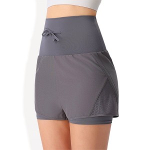 Anna-Kaci Active Women's High Waist Double Layer Running Shorts with Drawstring Closure and Mesh Detail - 1 of 4