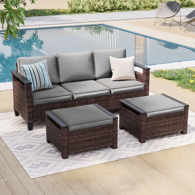 Sonkuki 3 Pieces Patio Sofa with Ottomans, All-Weather PE Rattan Wicker Sofa Small Patio Conversation Couch with Cushion