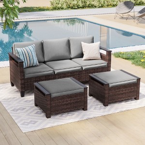 Sonkuki 3 Pieces Patio Sofa with Ottomans, All-Weather PE Rattan Wicker Sofa Small Patio Conversation Couch with Cushion - 1 of 4