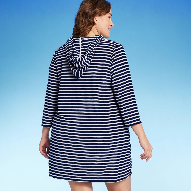 Lands' End Women's Striped V-Neck Terry Hooded Swimsuit Cover Up - Navy Blue/White, 2 of 3
