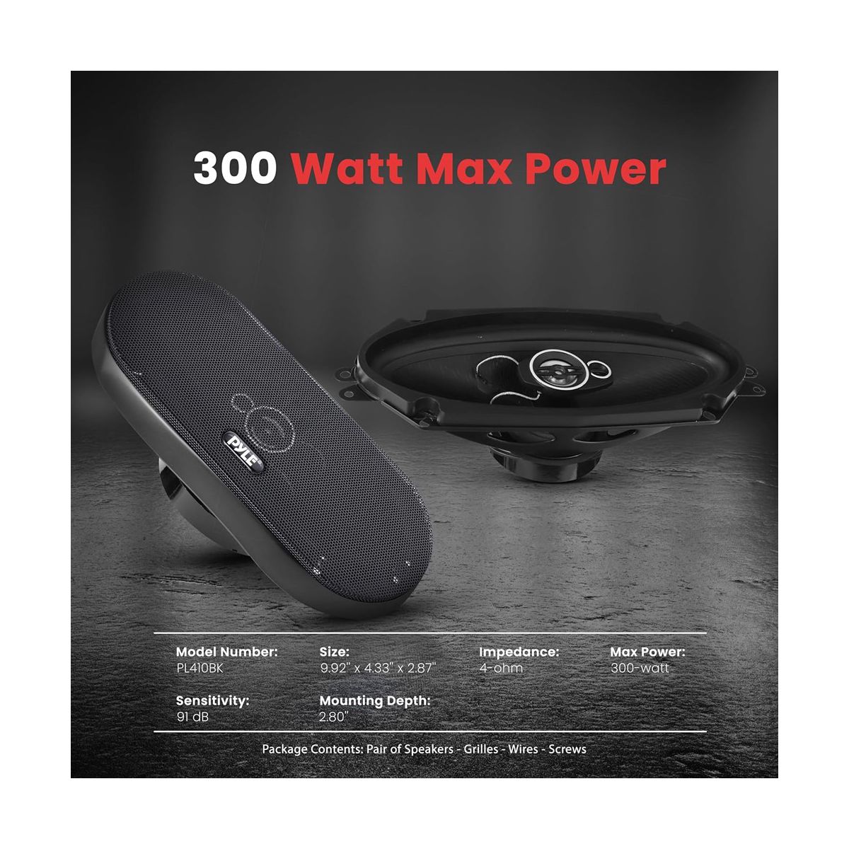 Three-Way 4" x 10" Triaxial Loudspeakers for Powerful Sound with Neodymium Midrange, Piezo Tweeter, 300W MAX, 4 Ohm, Pair - thumbnail 3