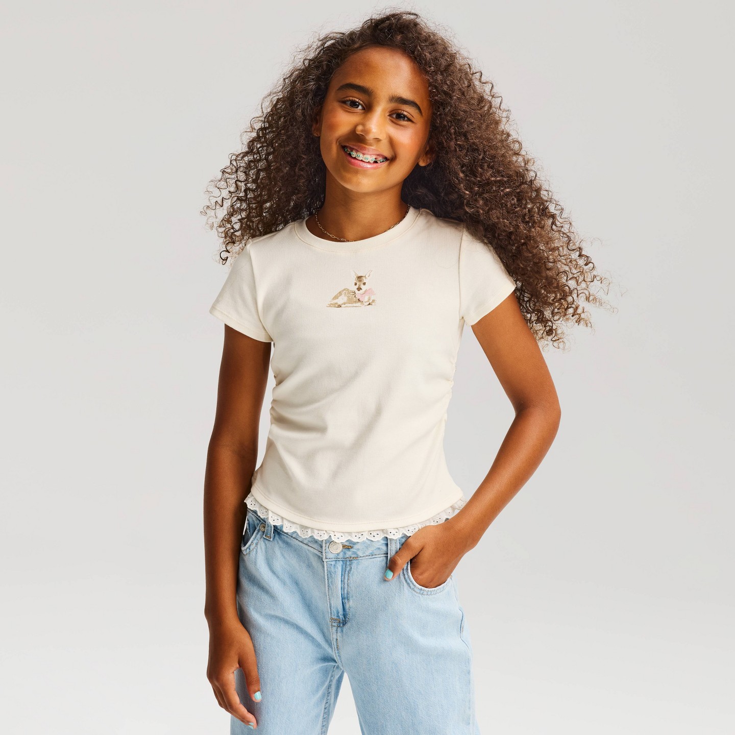 Футболка Cat & Jack Short Sleeve Ruched Lace Trim T-Shirt для девочек, цвет: Белый — фото 1