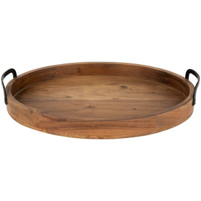 Set of 3 Acacia Wood Trays with Metal Handles