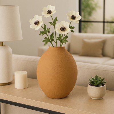 Decorative Round 3D Printed Vase for Living Room Decor - Stylish Home Decor Accent for Office Spaces, Bedroom, or Table Decor - 8", Yellow