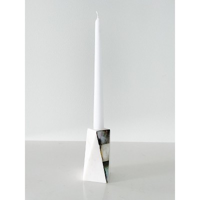 Small White Marble and Grey Mother of Pearl Candle Holder