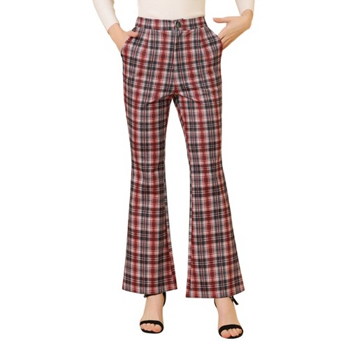 Unique Bargains Women's Tartan Plaid Pants Elastic Waist Straight Long  Trousers