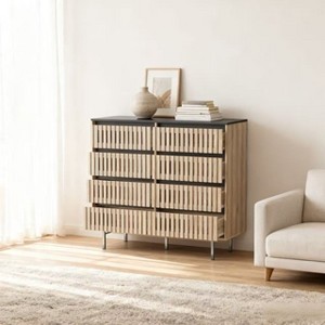 Homy Casa 6-Drawer Decorative Storage Cabinet with Slatted Front Design and Metal Legs for Living Room or Bedroom, Oak Black - 1 of 4