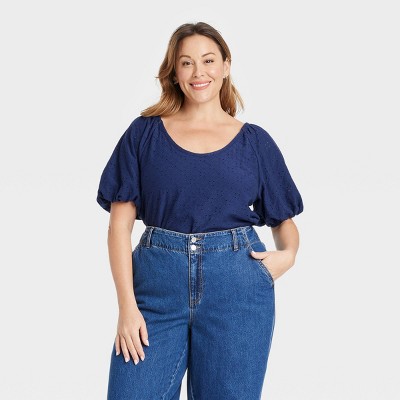 Women's Puff Short Sleeve Eyelet Peasant Top - Ava & Viv™ Navy Blue 2X