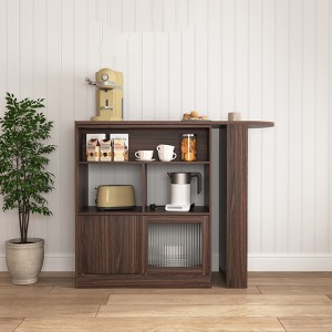 Counter Height Dining Cabinet with Storage, Ribbed Glass Door, and Rotating Top with 3 Shelves, Modern Bar Cabinet for Dining Room and Living Room - 1 of 4