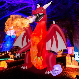 Costway 8 FT Halloween Inflatable Red Dragon with Wings & Skull Holiday Decoration Light - 1 of 4