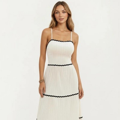 Anna-Kaci Women's Sleeveless Pleated Maxi Dress with Spaghetti Straps Contrast Trim Detail and Flowy Tiered Silhouette