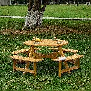 Wood Picnic Table, DIY with 3 Built-in Benches, Umbrella Hole, Outside Table and Bench Set, Outdoor Round Picnic Tables - 1 of 4