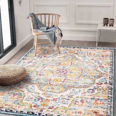 Bohemian Blue and Multicolor Distressed Vintage Area Rug 5' x 7'