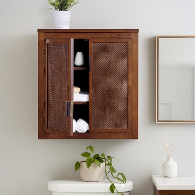 Teamson Home Hatteras Wall Cabinet with 2 Rattan Inlay Doors and Pine Wood Frame