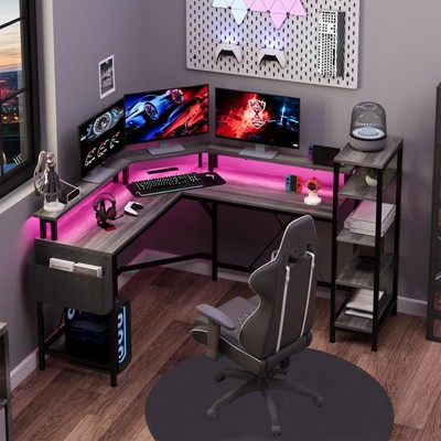 61" L Shaped Gaming Desk, with Monitor Stand, L-Shaped Corner Computer Desks, Built-in LED Lights and Side Storage Pockets, for Small Spaces