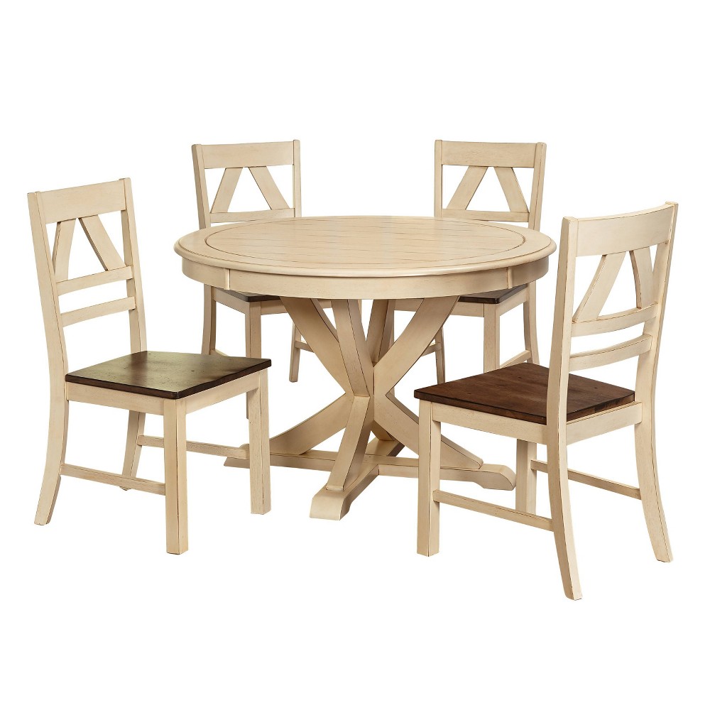 Photos - Dining Table 5pc Vintner Dining Set Antiqued White - Buylateral: Rubberwood, 4 Chairs, Round Pedestal Table