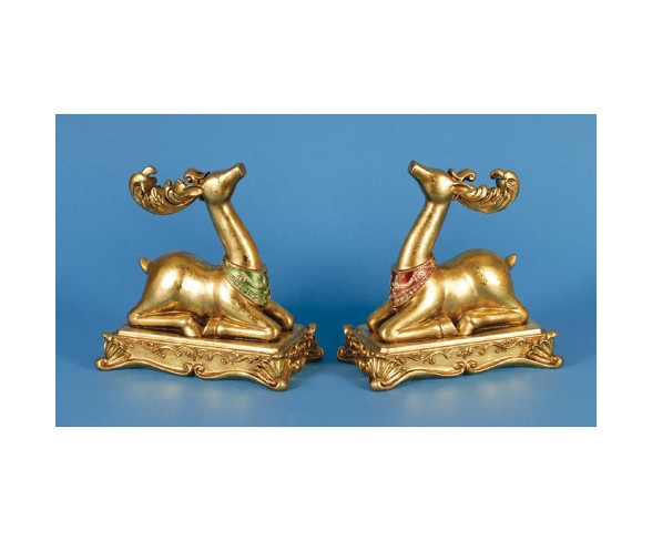 Lynn Roberts Set of 2 Majestic Metallic Gold Sitting Reindeer Christmas Figures 8"