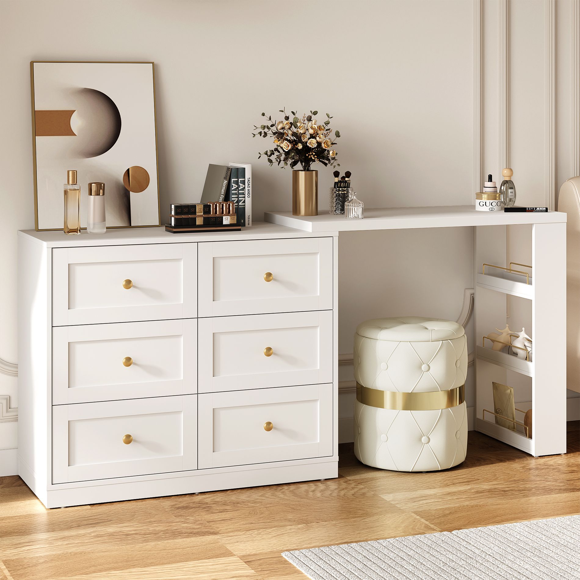 Heynemo 6-Drawer Extendable Corner Vanity Table and Dresser Combo with 3 Side Shelves, Makeup Vanity Desk, Wood Dressing Table for Bedroom, White