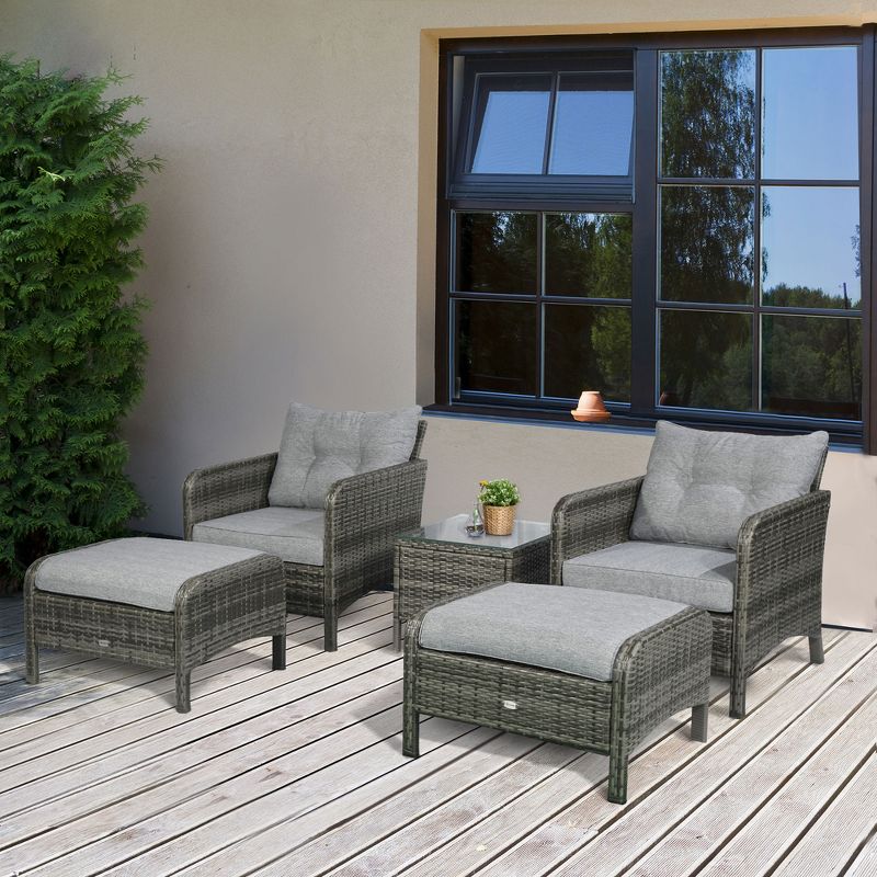 Outsunny 5 Pieces Rattan Wicker Lounge Chair Outdoor Patio Conversation Set with 2 Cushioned Chairs, 2 Ottomans & Glass Coffee Table, Gray, 2 of 7