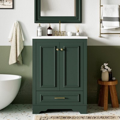 SpassWay 24"L Green Modern Bathroom Vanity with Ceramic Sink Soft Close Doors Silver Handles