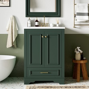 SpassWay 24"L Green Modern Bathroom Vanity with Ceramic Sink Soft Close Doors Silver Handles - 1 of 4