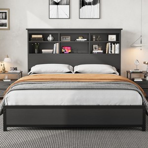 King Size Bed Frame with Bookcase Headboard, King Platform Bed with 2-tier Storage & Charging Station, No Box Spring Needed Easy Assemble，Black - 1 of 4