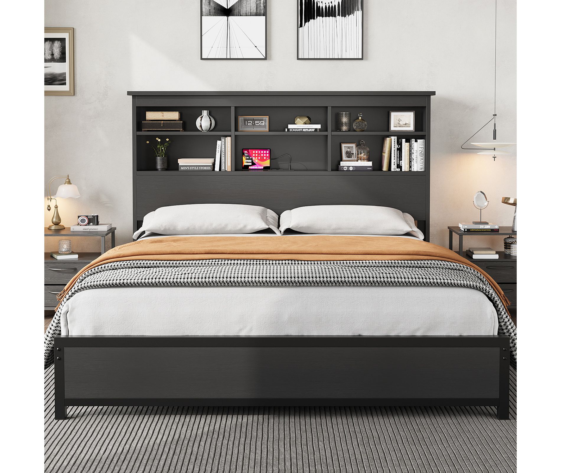 Queen Size Bed Frame with Bookcase Headboard, Queen Platform Bed with 2-tier Storage & Charging Station, No Box Spring Needed Easy Assemble，Black