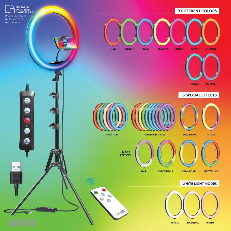 Bower® RGB Selfie Ring Light Studio Kit with Wireless Remote Control and Tripod, 4 of 6