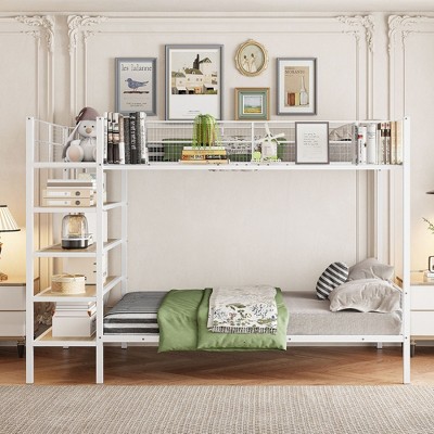 NicBex Twin Over Full Metal Bunk Bed with Guardrail,Loft Bed with 5-Tier Shelves for Bedroom,Black/White
