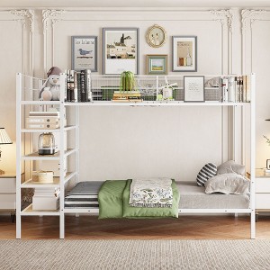 NicBex Twin Over Full Metal Bunk Bed with Guardrail,Loft Bed with 5-Tier Shelves for Bedroom,Black/White - 1 of 4