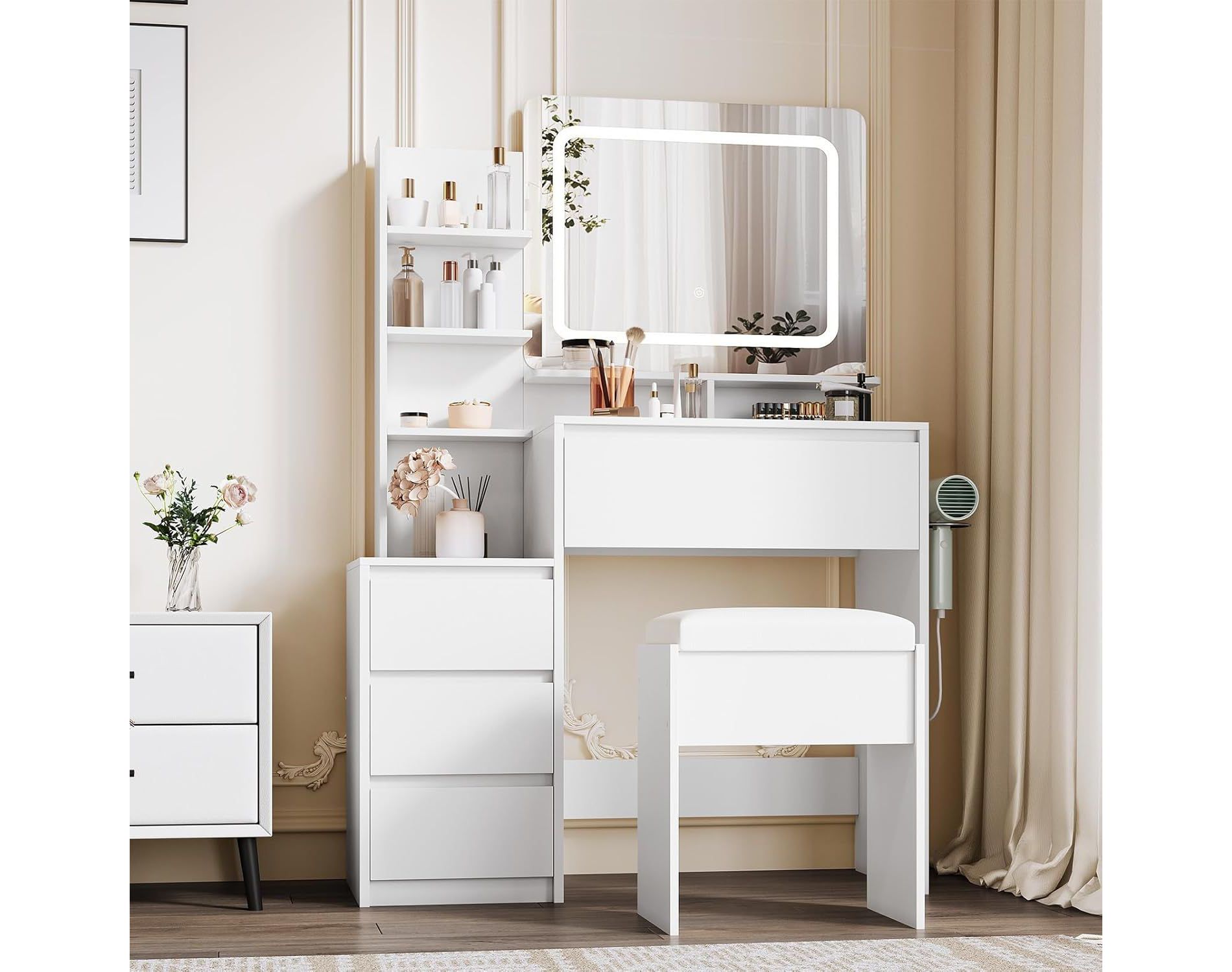 Acekool 36" Vanity Desk with Mirror & LED Lights, Power Outlets, USB Ports, 4 Drawers, Storage Shelves, Stool, 3-Color Lighting for Bedroom, White