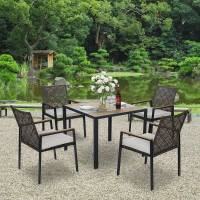 5-Piece Outdoor Dining Set with Acacia Wood Tabletop and Stackable Rattan Armchairs for Patio Garden Use-Cuddlewood