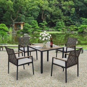 5-Piece Outdoor Dining Set with Acacia Wood Tabletop and Stackable Rattan Armchairs for Patio Garden Use-Cuddlewood - 1 of 4