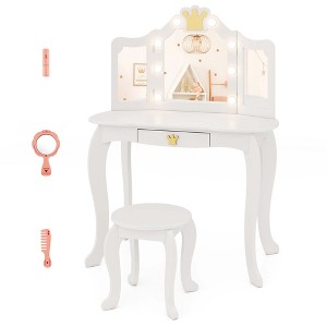 Costway Kids Vanity Set Princess Vanity Table & Chair Set with Lighted Mirror White/Pink/Purple - 1 of 4