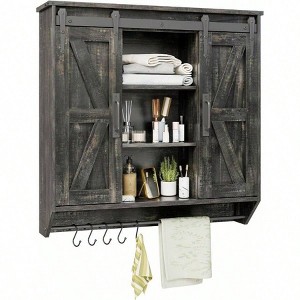 Farmhouse Cabinet 2 Sliding Barn Doors 3 Tier Rustic Wood Wall Storage Cabinet Adjustable Shelf Towel Bar Wall Mounted Bathroom - 1 of 4