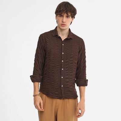 Campus Sutra Men Men's Chocolate Brown Chunky-Seersucker Shirt